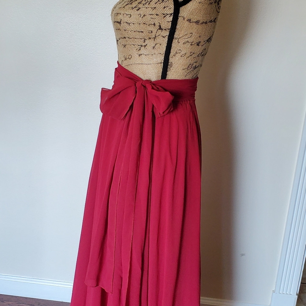High Slit Tiered Chiffon Ruffle Skirt Dress Burgundy